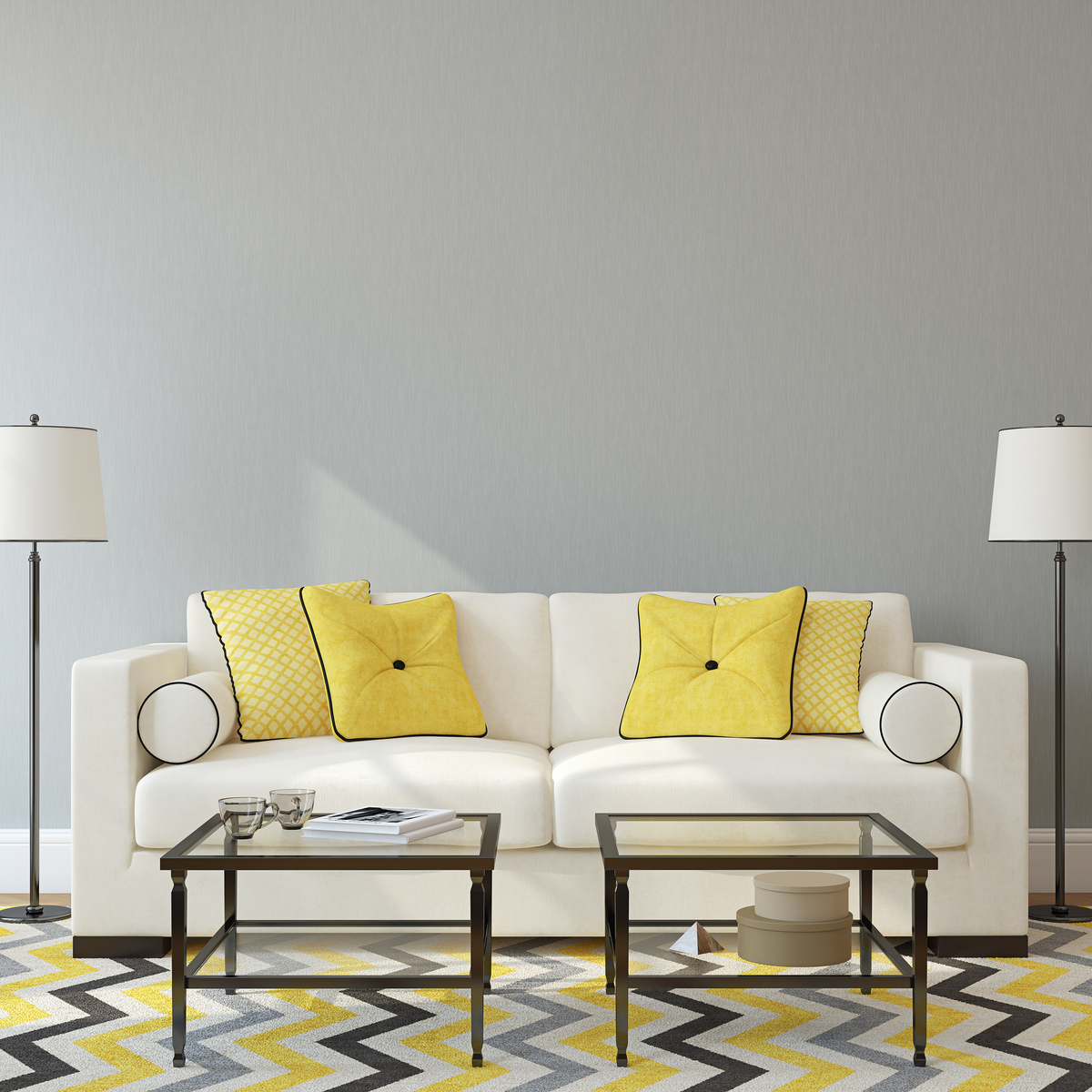 luxurious white couch with yellow cushions